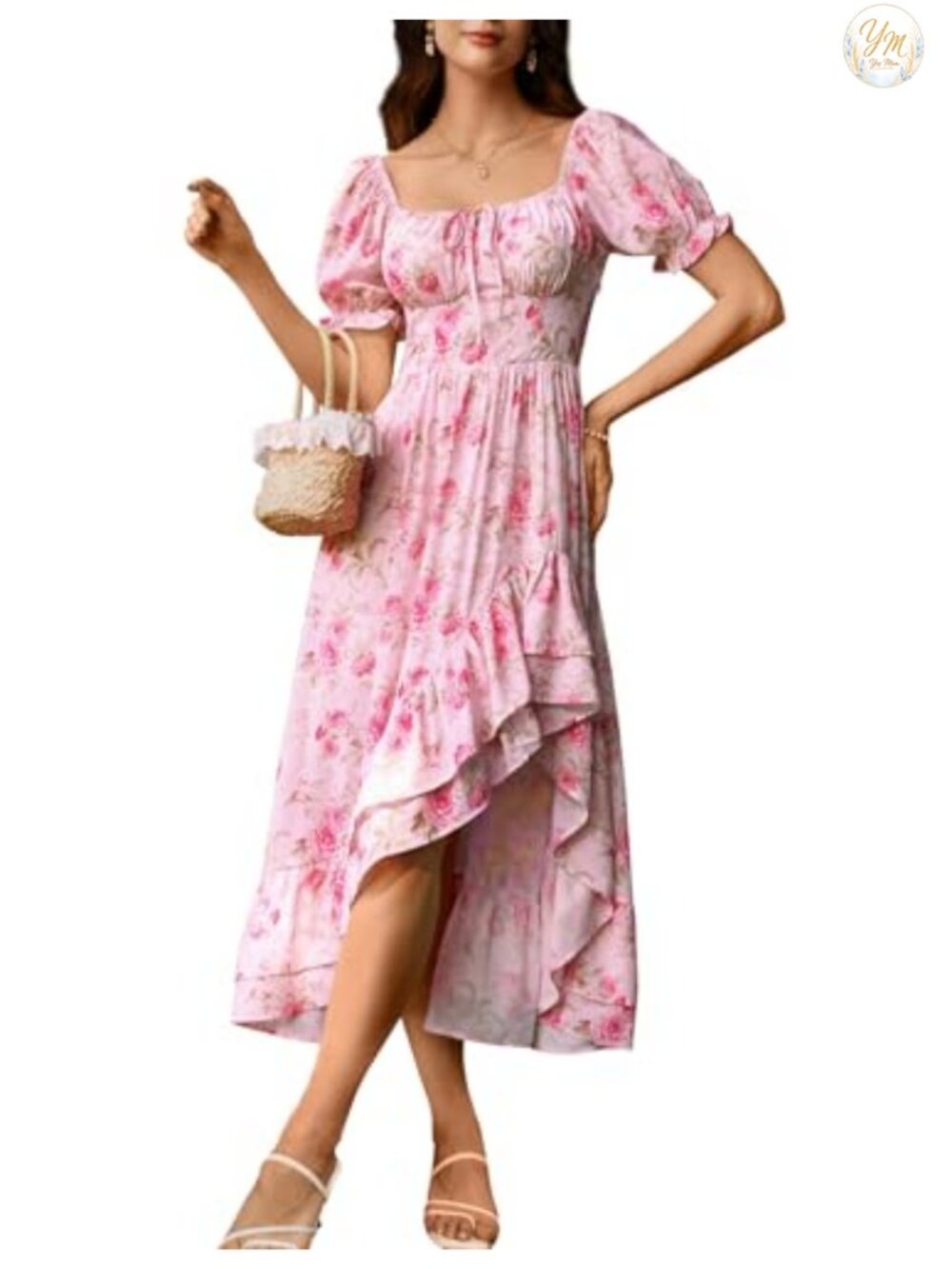 Corset Sundress Off Shoulder Puff Sleeve Chiffon Floral Wedding Guest Dress